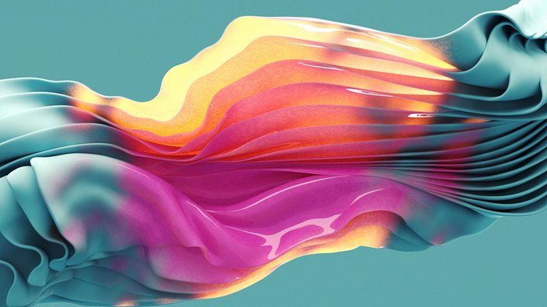 Merging glowing and opaque structures, flowing and morphing, 3d render.
