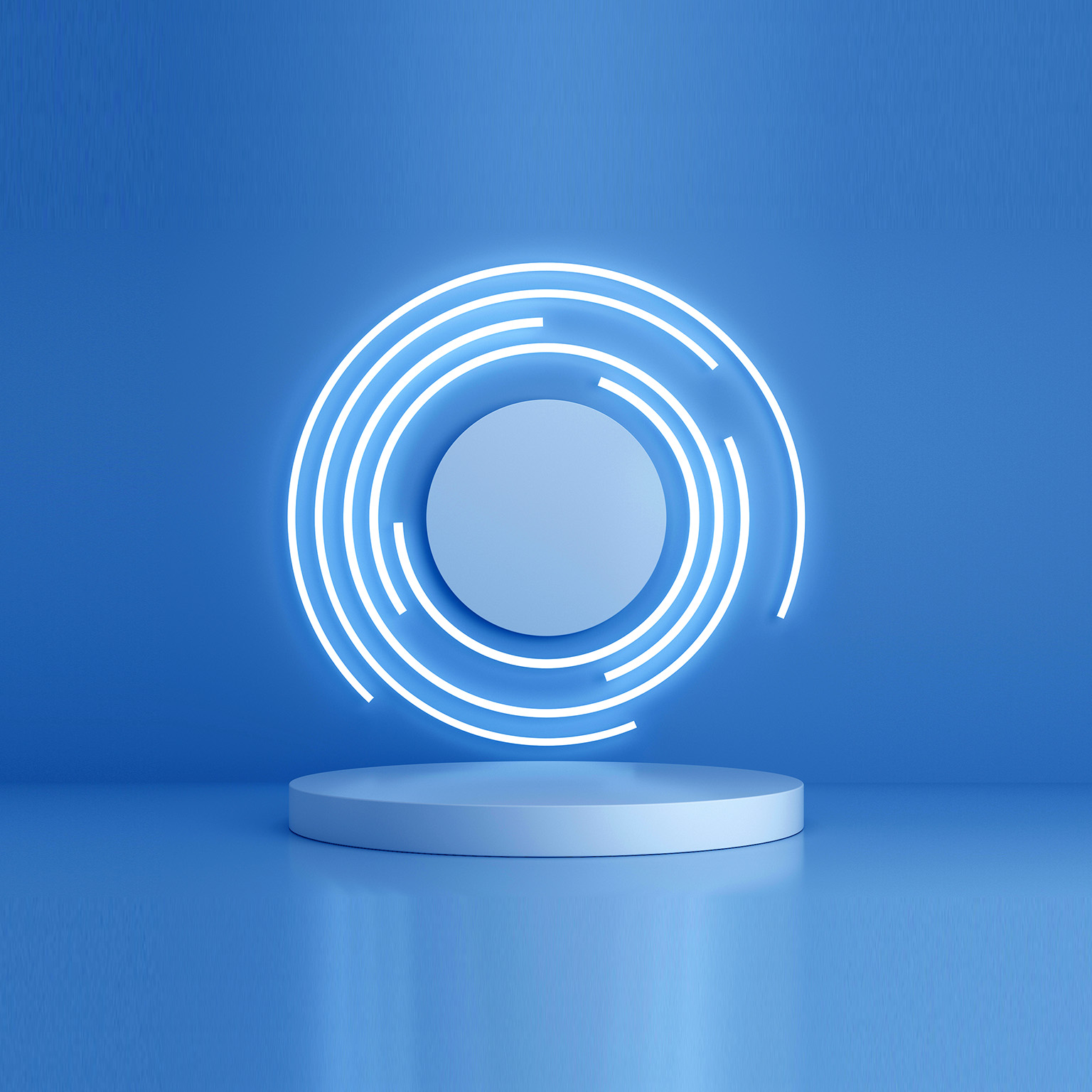  Image of a product riser with circular lights framing it.