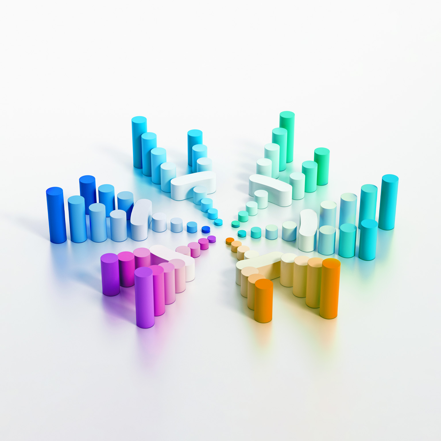  A pattern of colorful cylinders arranged in a circular shape. The height of the cylinders increases as they radiate our from the center.