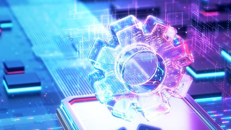 Glowing gear icon above a microchip on a circuit board with flowing data lines.