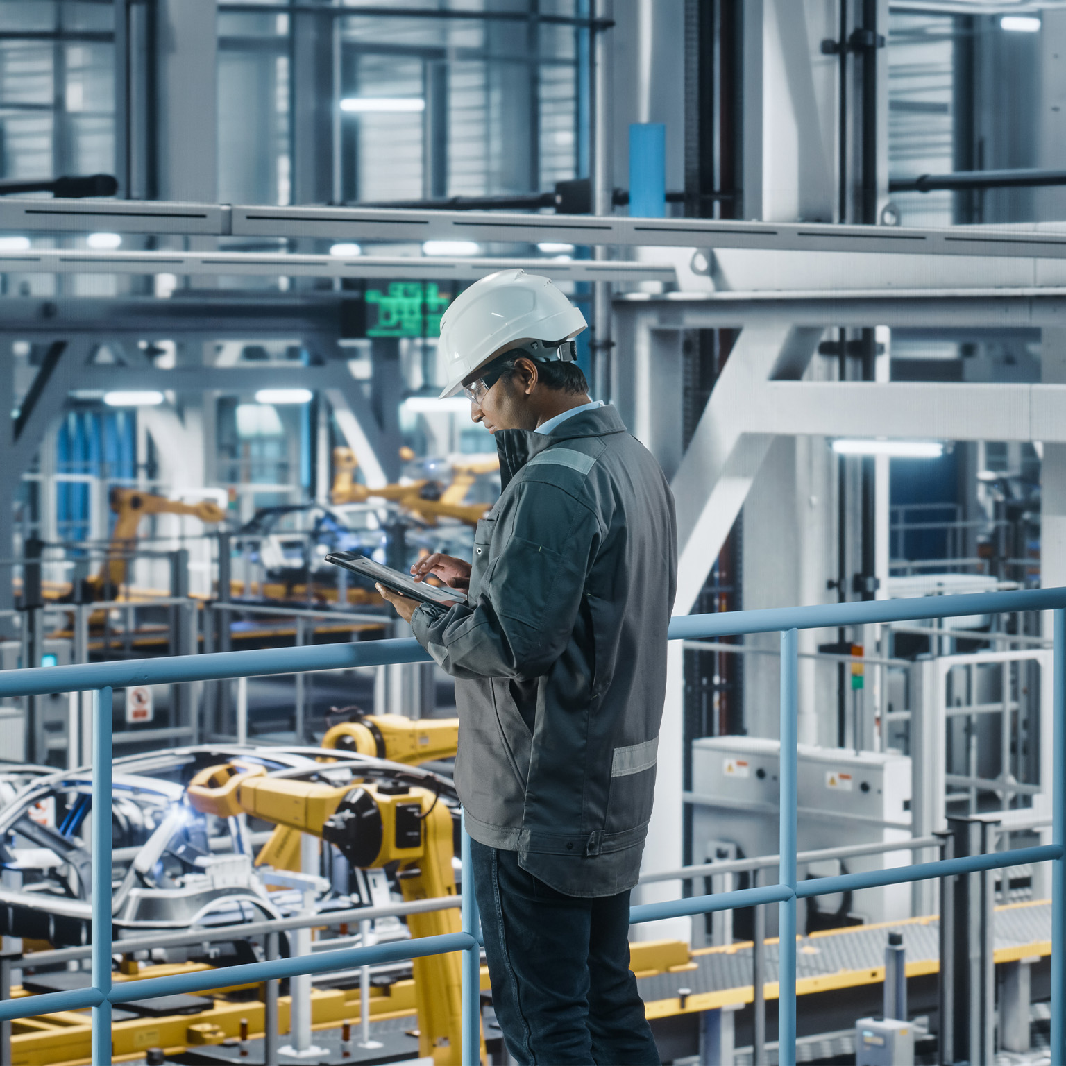 Car Factory Engineer in Work Uniform Using Tablet Computer. Automotive Industrial Manufacturing Facility Working on Vehicle Production with Robotic Arms. Automated Assembly Plant.
