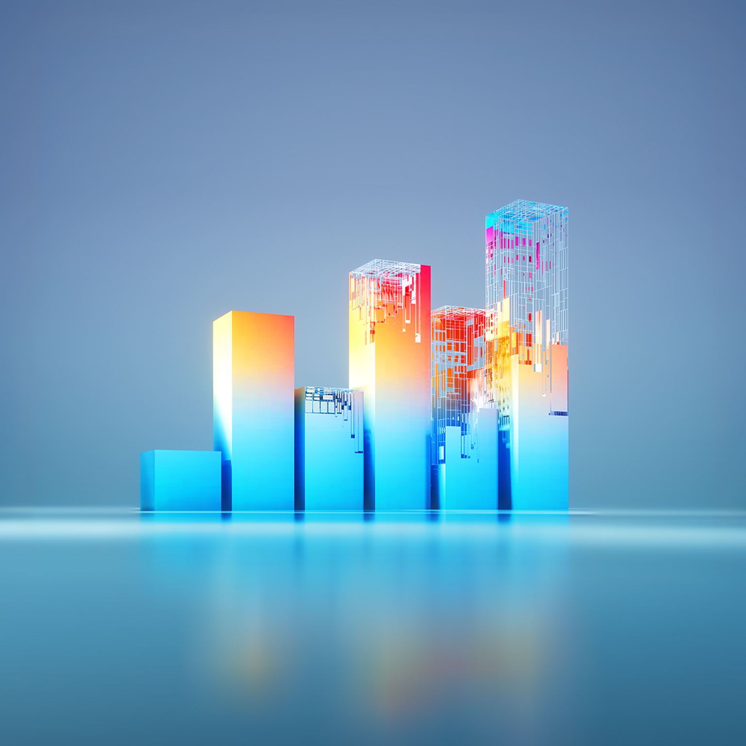 Digital generated image of abstract vertical bar graph stylized as construction standing on white ramp.