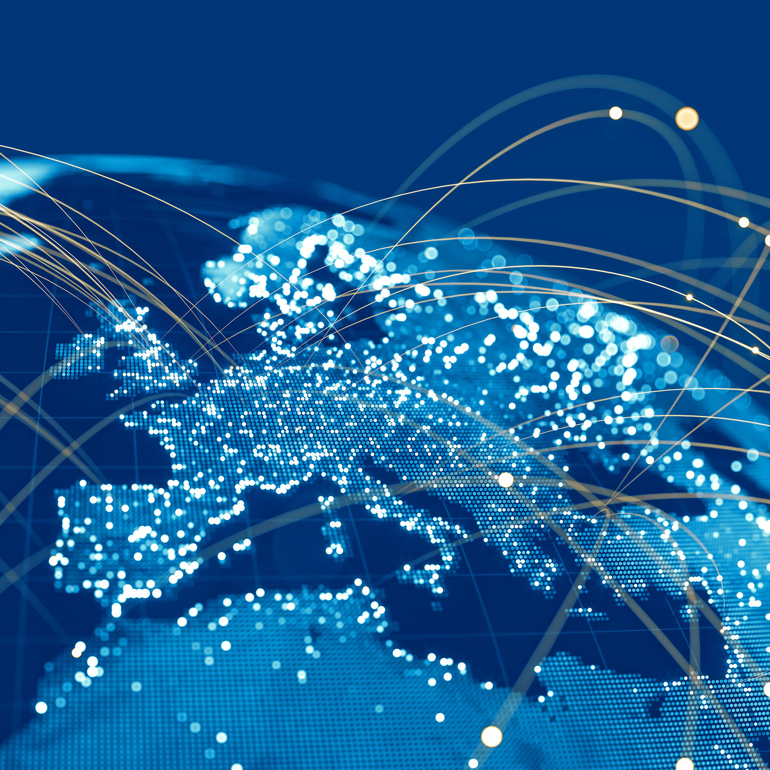 Blue globe viewing from space at night with connections between cities