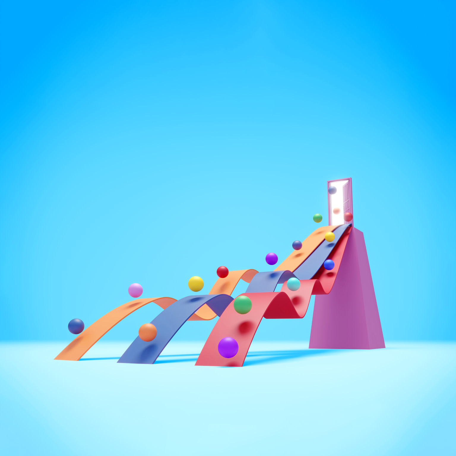 A 3D illustration showing vibrant balls cascading down three colorful ribbons emerging from an open doorway.