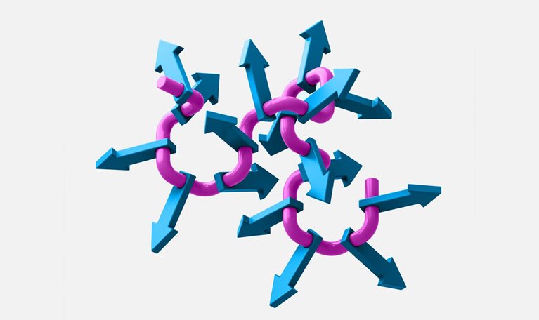 A cluster of blue arrows points in multiple directions, each connected by interlocking purple tubes.