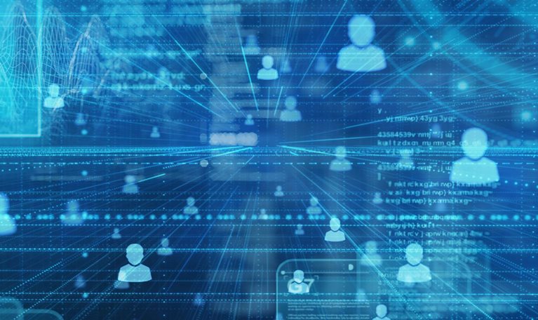 People and information data on a digital space background.