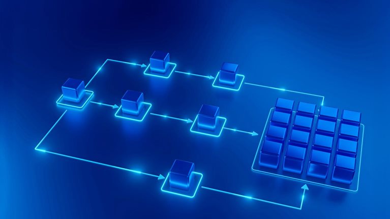 A neon-blue, isometric diagram shows glowing cubes connected by illuminated lines and arrows, forming a structured workflow or process across a dark blue background.
