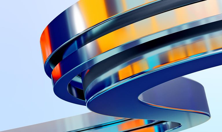 Image of a shiny metallic alloy 3D s-curve with orange, blue and purple reflections.