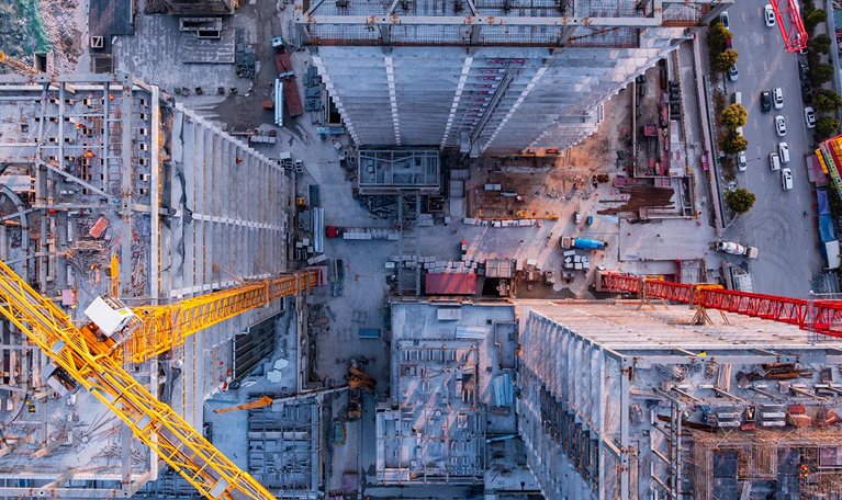 Top View of Shanghai city modern Working Construction Site