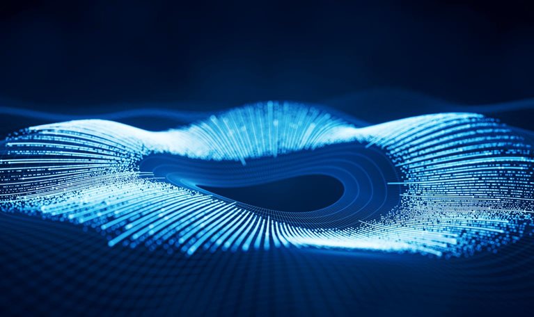 A three-dimensional wave-like shape composed of glowing blue lines and points of light, resembling the iris of an eye.