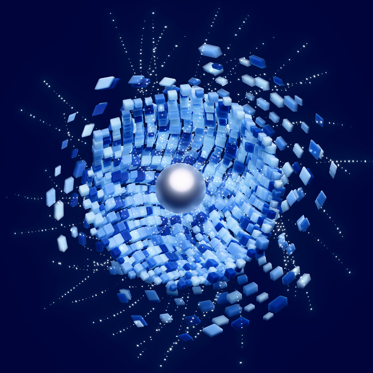 Abstract 3D image of a metallic sphere surrounded by swirling blue and white rectangular tiles and dotted light trails on a dark blue background.