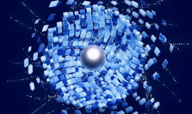 Abstract 3D image of a metallic sphere surrounded by swirling blue and white rectangular tiles and dotted light trails on a dark blue background.