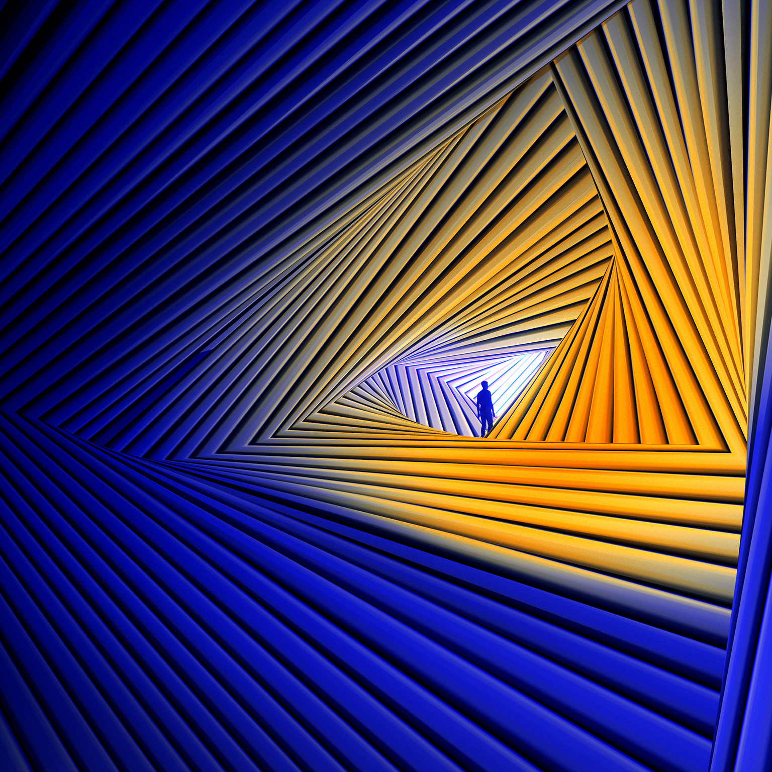 A small silhouetted figure stands inside a glowing triangular opening formed by repeating blue and orange geometric lines, creating the impression of looking through a futuristic tunnel or portal.