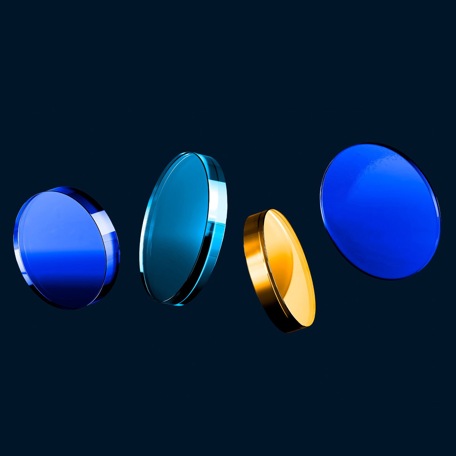 Four glass like discs in shades of blue and gold float in a row against a dark background.