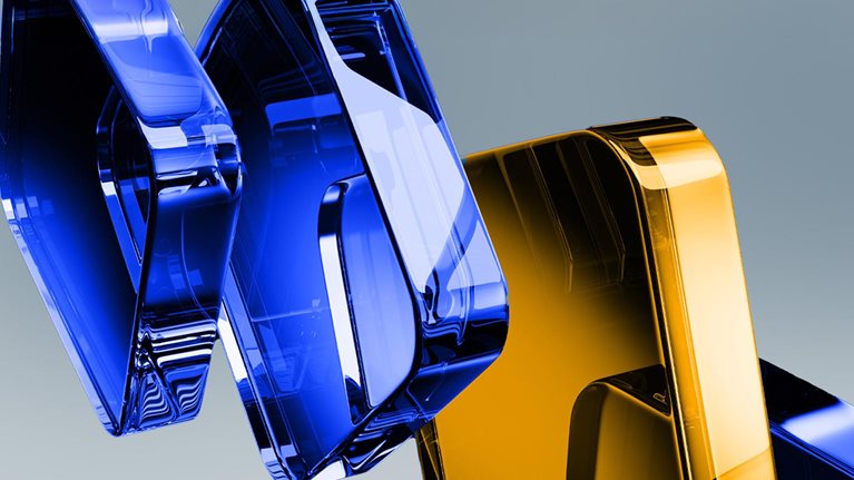 Translucent, overlapping abstract squares in deep blue and gold set against a gray gradient background.