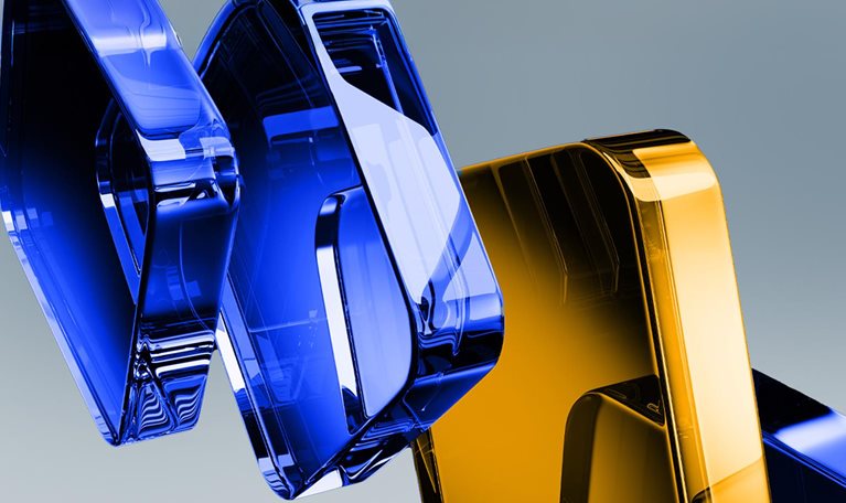 Translucent, overlapping abstract squares in deep blue and gold set against a gray gradient background.