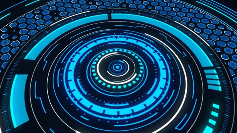 An abstract shape made of circles and hexagons spins and transforms, shifting from black and white to full color.