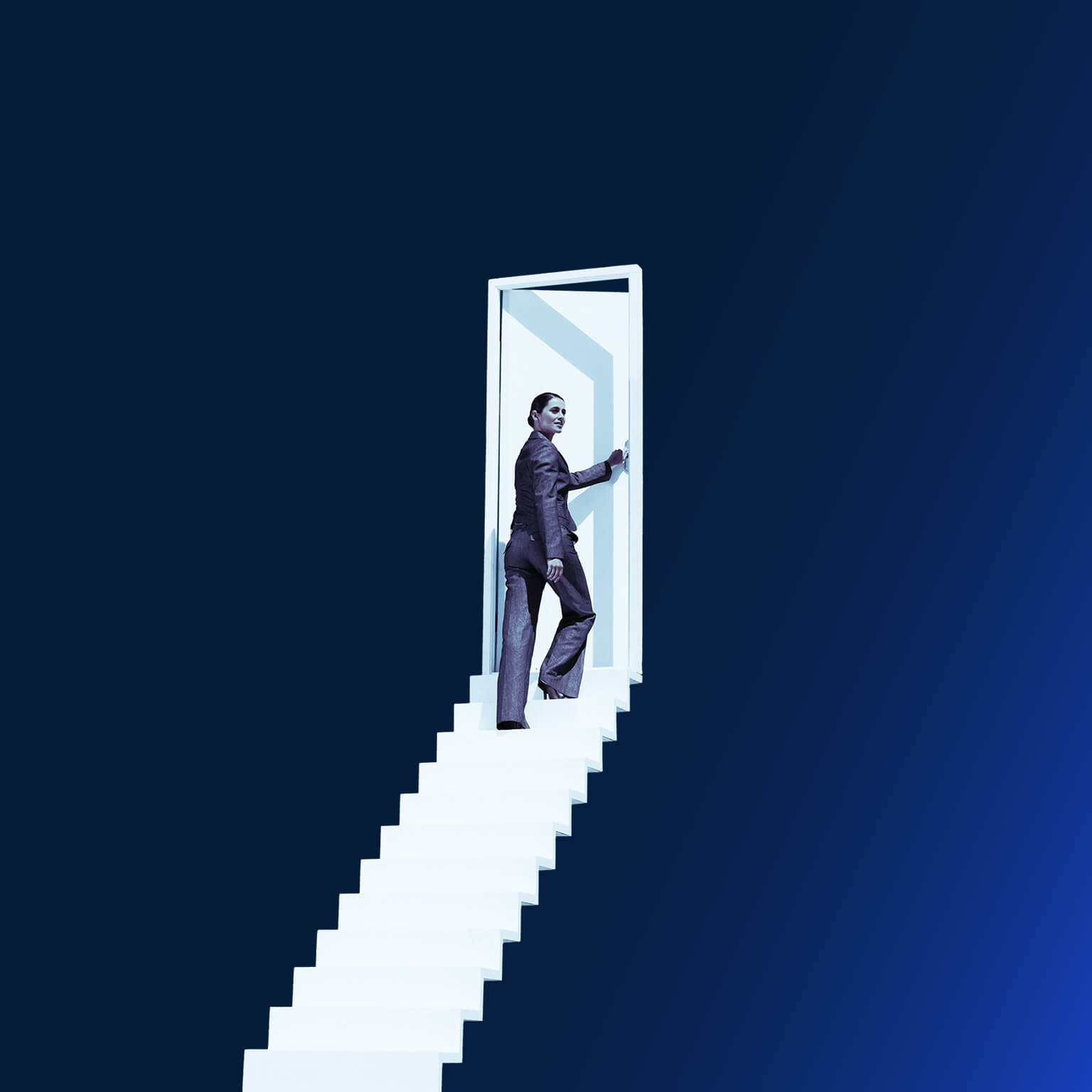 Businesswoman opening door at end of stairway