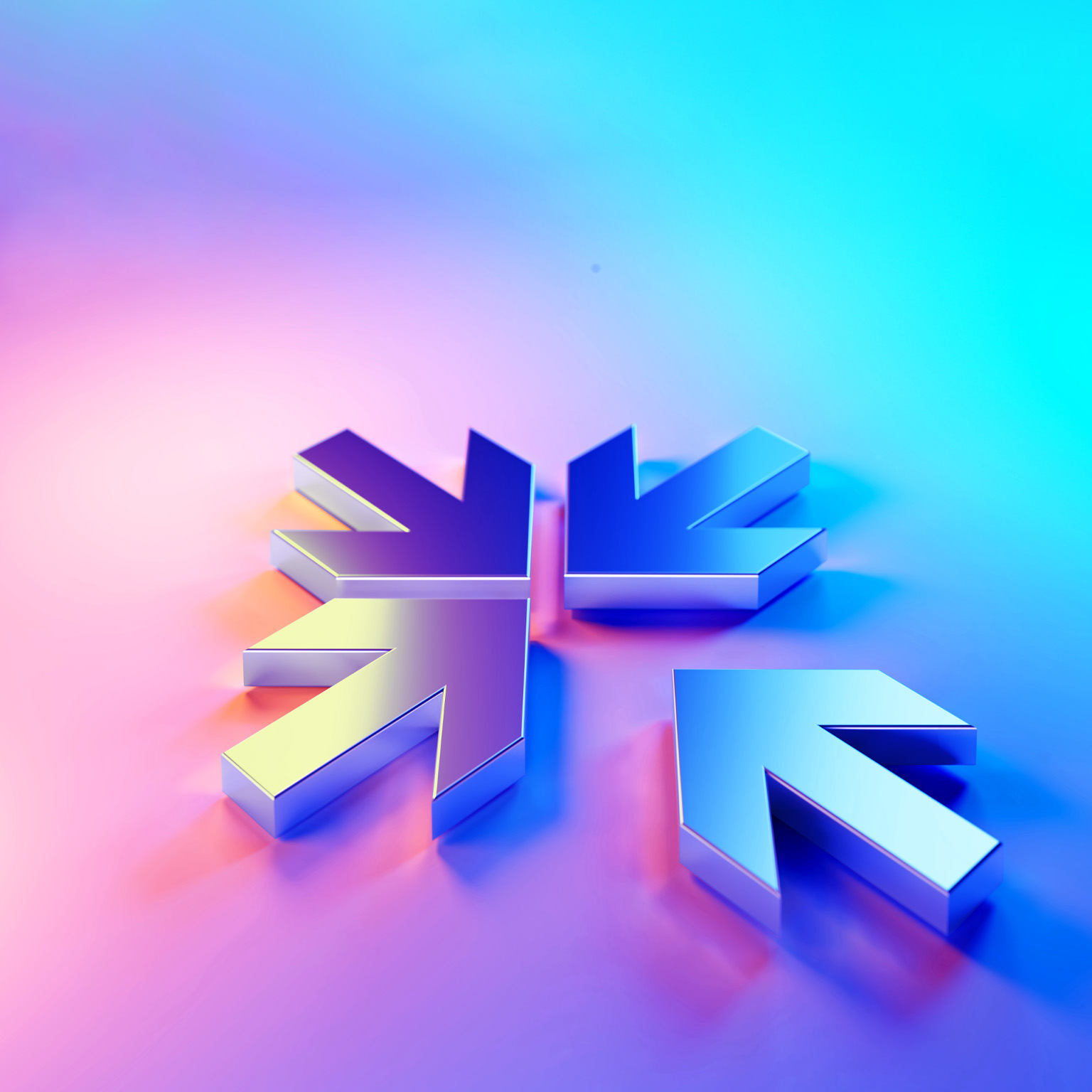 Four metallic arrows, pointing inward, creating a snowflake like shape. The arrows are rendered in a gradient of purple and blue, giving a modern, almost holographic effect. 