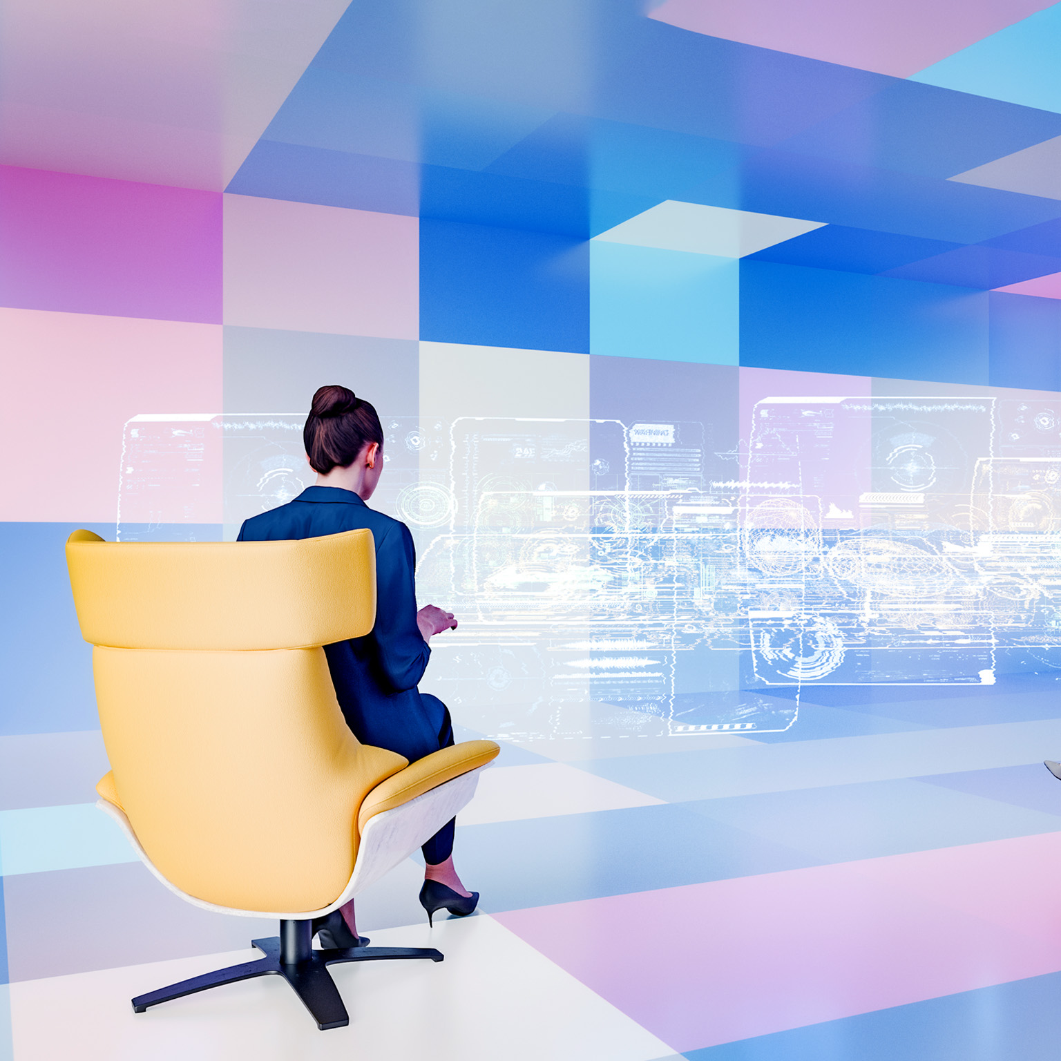 Two businesswomen sit in modern chairs facing a large, translucent screen displaying complex data visualizations. The futuristic setting suggests a collaborative work environment utilizing advanced technology.