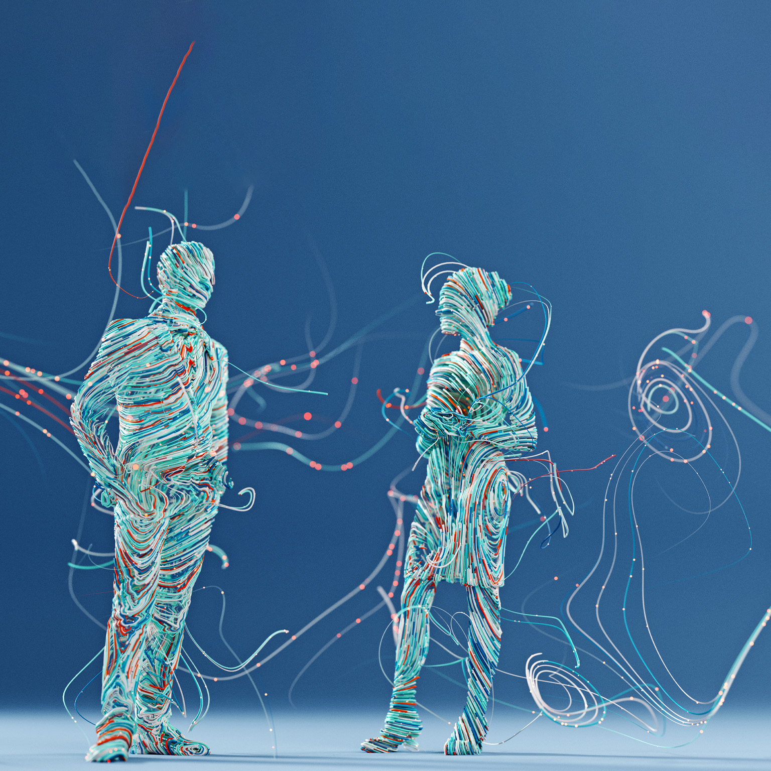 A man and woman in office attire made out of flowing digital wires. Additional wires with glowing data points swirl around them.