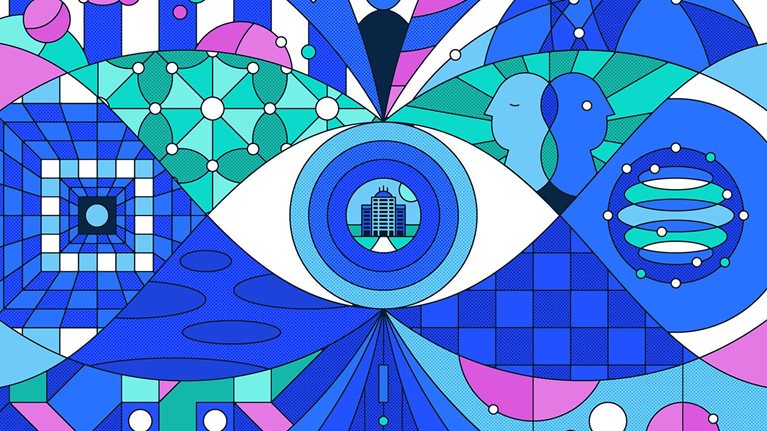 Abstract illustration reflecting themes of tech innovation, economic disruption, and changing workforce structures through icons, shapes and patterns.