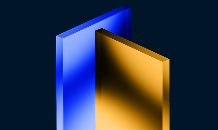3D render of blue and gold metal stacks against a black background