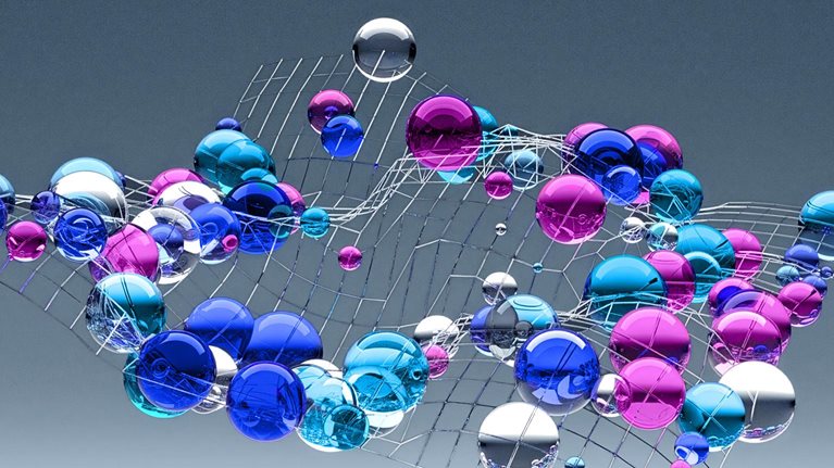 Abstract 3D rendering of colorful glass spheres floating on a curved wire mesh against a gray-blue background.