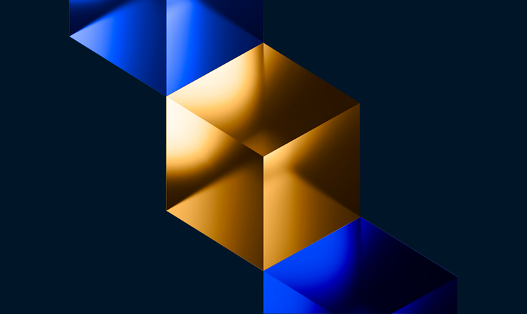graphic abstract image of blue and gold shapes