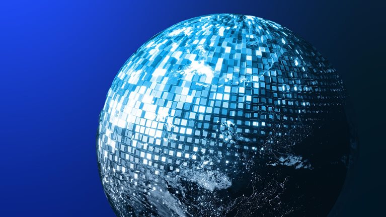 A digitized image of the earth against a blue background