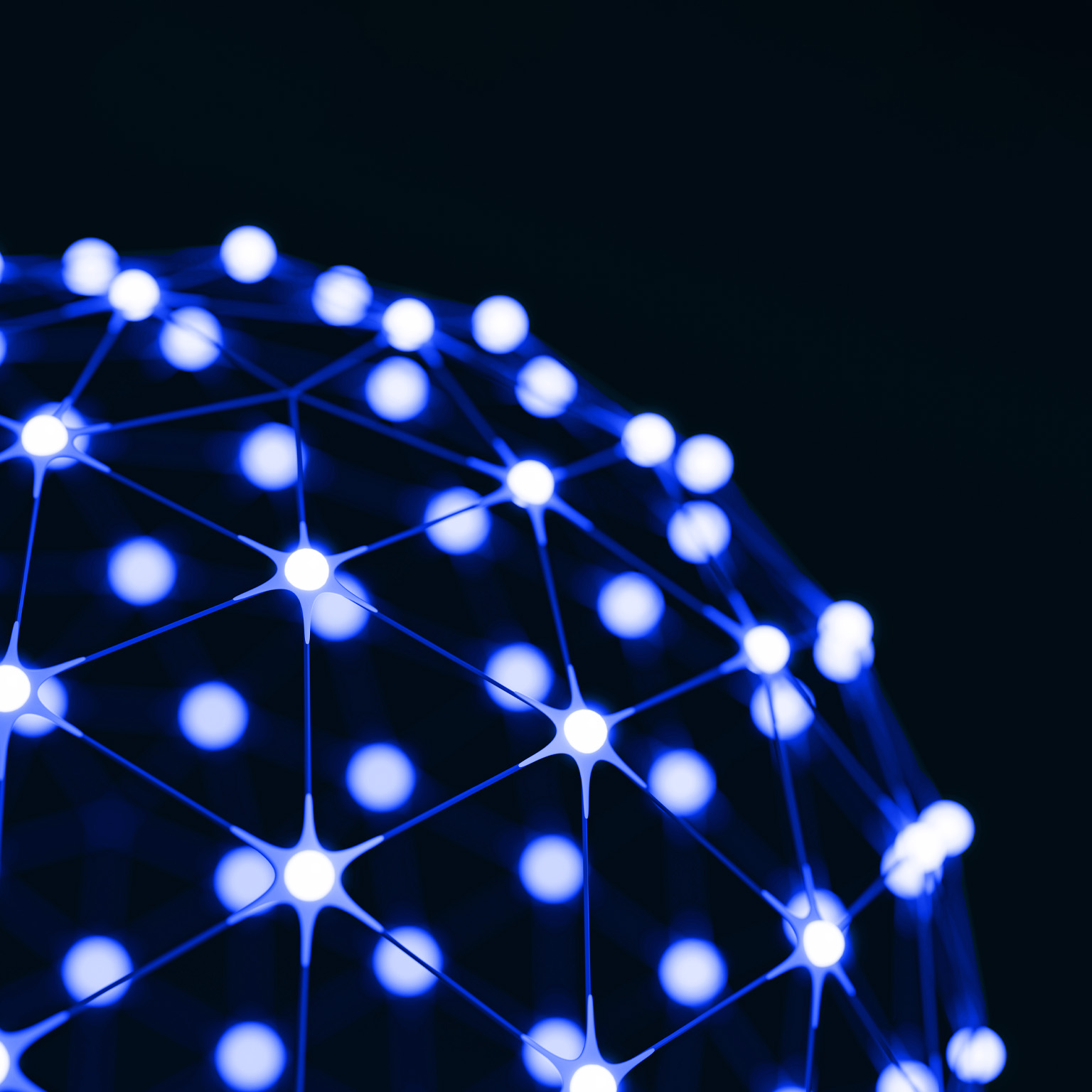 An abstract network of glowing blue-white nodes connected by thin lines across a dark background, forming part of a spherical structure. 