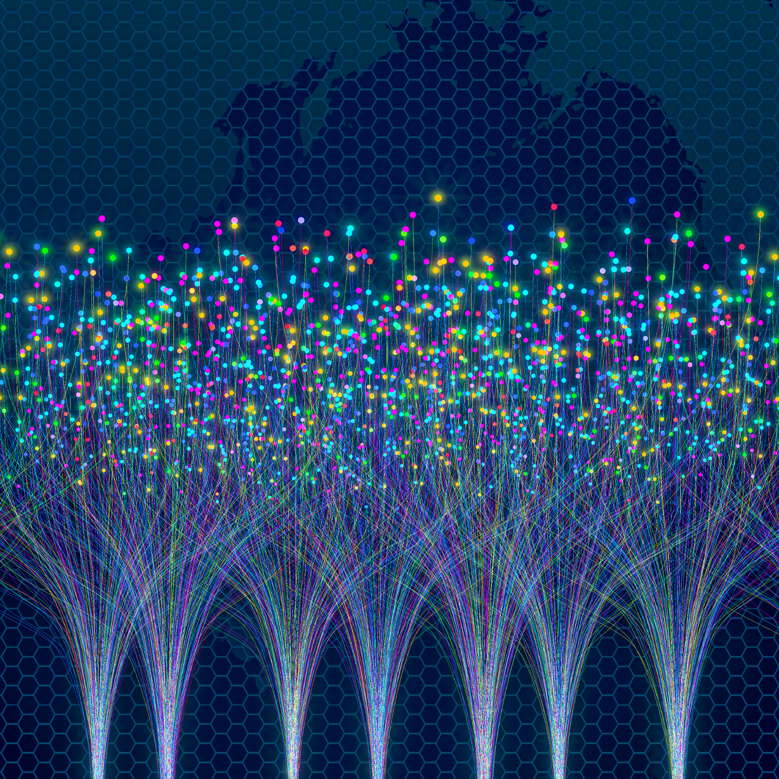 Numerous strands of light radiate from various areas at the bottom of the picture and scatter into luminous dots in the middle. The backdrop is a deep blue color with a see-through map of the world.