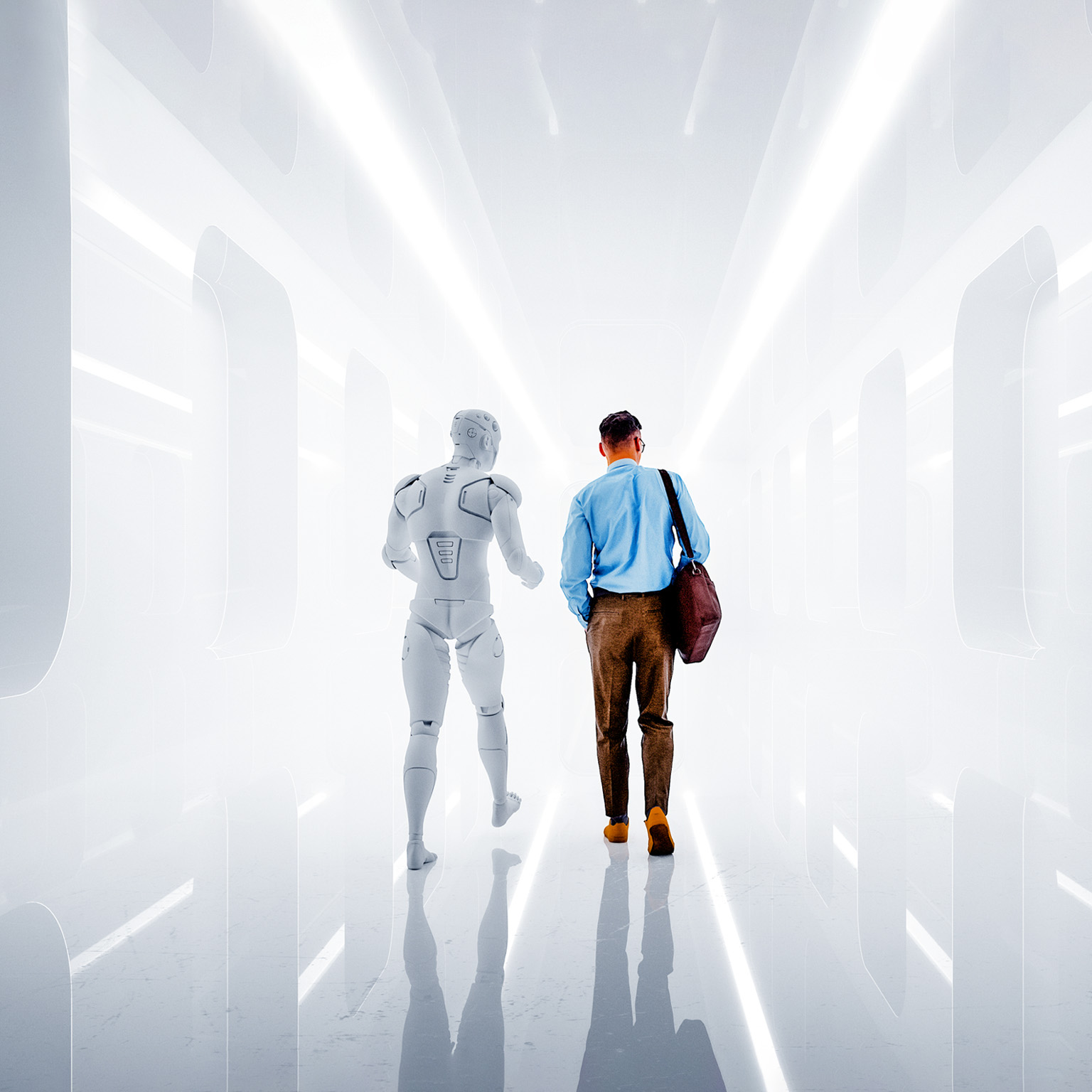 A man dressed in business-casual attire walks side by side with a humanoid robot down a futuristic corridor. The pair are viewed from behind, walking away from the viewer into the brightly lit space.