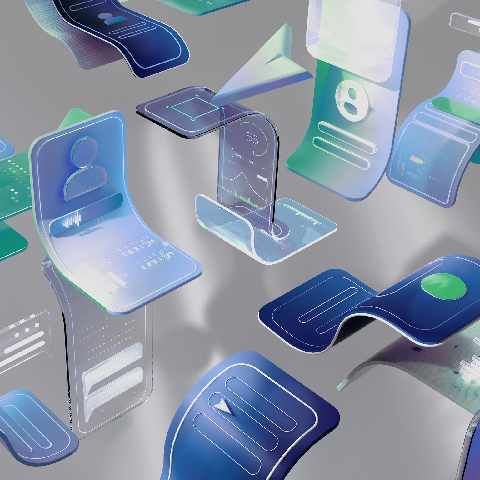 An abstract multi-colored 3D image of multiple screens floating and bending around each other.