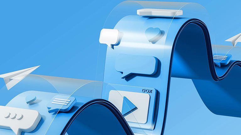 Social media communication concept with speech bubbles, hearts, and paper planes on a wavy blue structure. Futuristic digital interaction design.