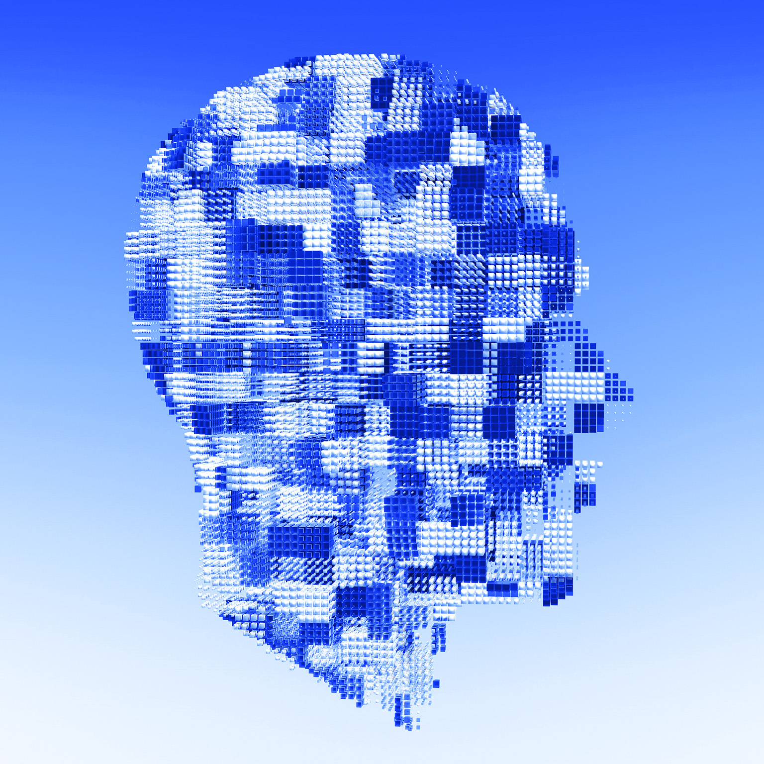 A futuristic digital representation of interconnected data cubes forming a human-like shape