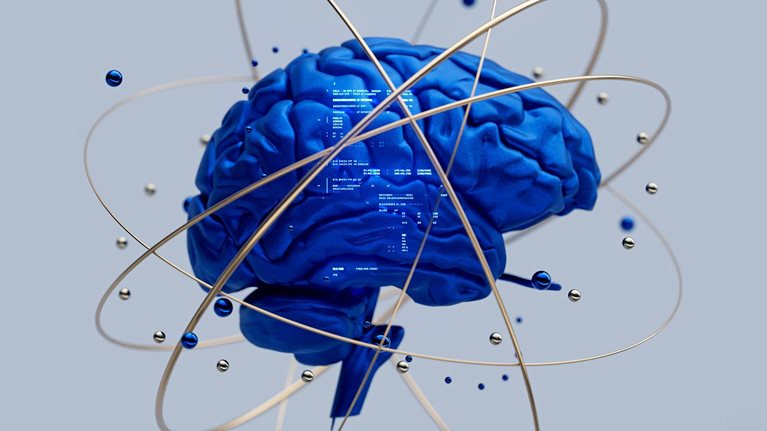 3D rendering of a brain with artificial intelligence machine learning language model projected onto it