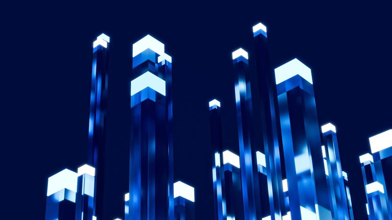 Abstract blue illuminated pillars rising against a dark background
