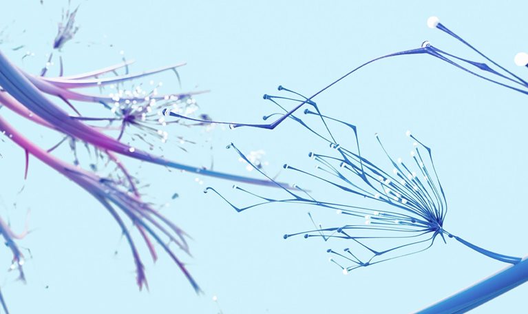 Delicate blue and purple tendrils constantly expanding. These tendrils bear a resemblance to neurons, with luminous buds at their tips.