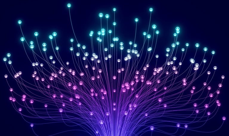 Curved lines rise from a single point and split into dozens of strands, each ending in a person icon