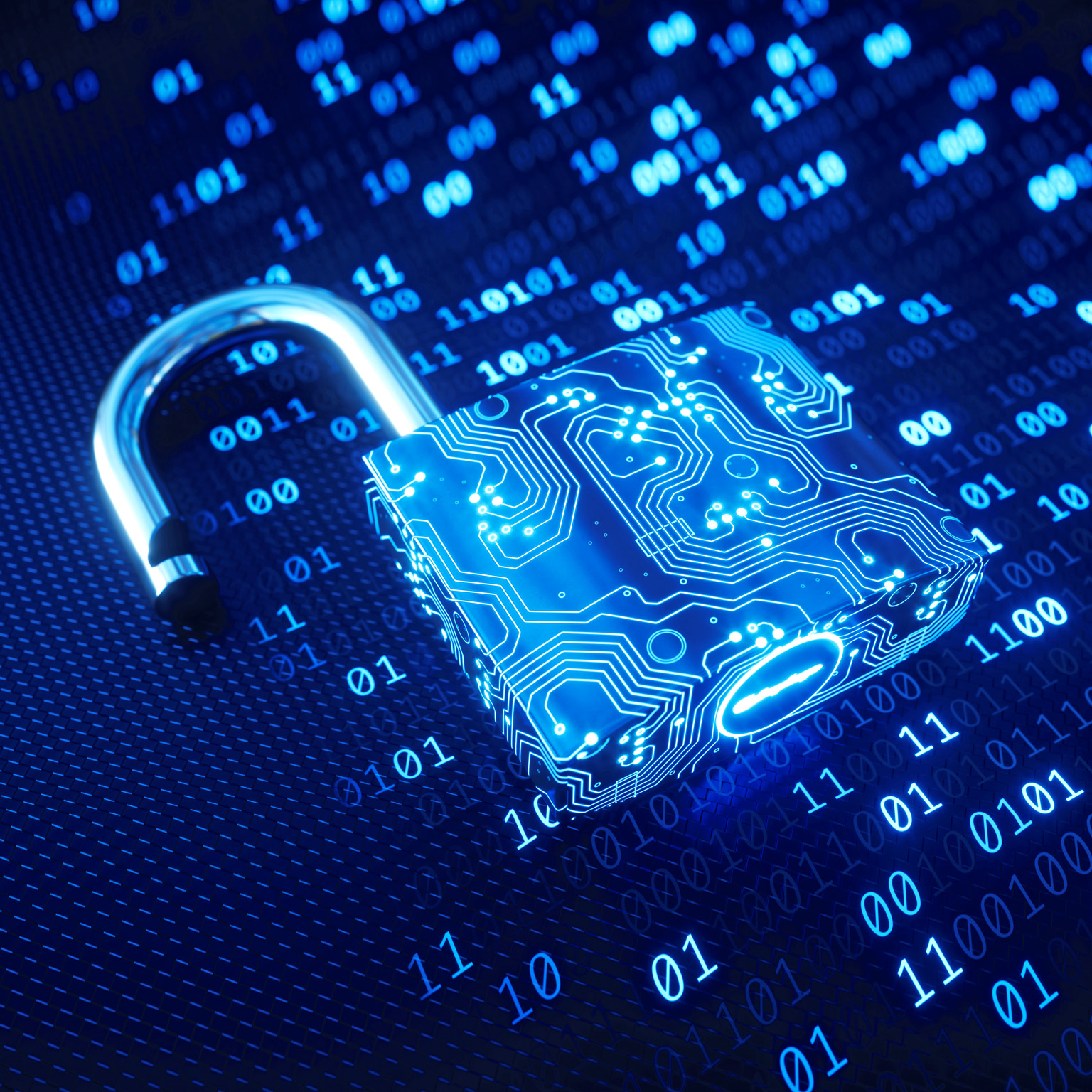 A blue padlock made to resemble a circuit board and placed on binary computer code