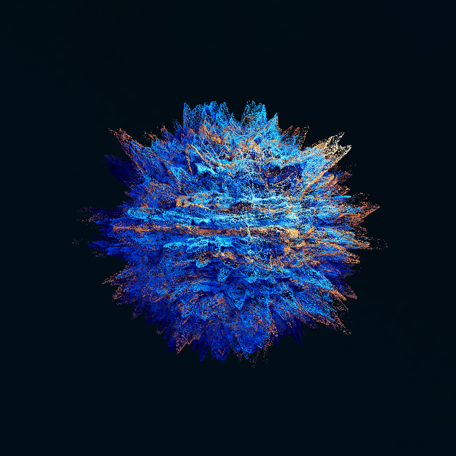 Abstract 3D illustration of thousands of glowing blue and orange particles forming a dense, spiky, cloud-like shape with jagged peaks and radiating strands against a black background.