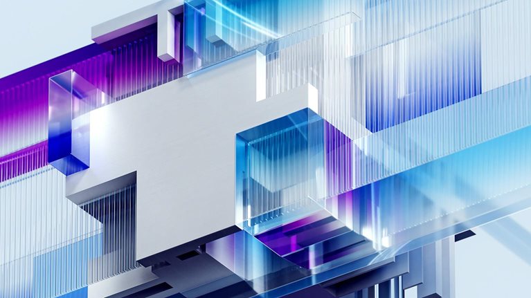 A digitally generated image of glowing futuristic cubes intersecting with digital data flowing in network structures.