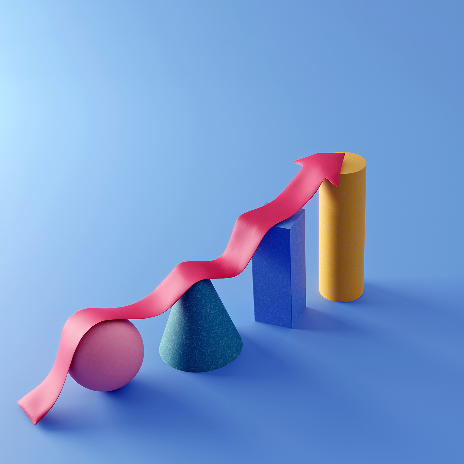 Rising arrow shape on multi-colored sphere, cone, box and cylinder, symbolizing financial graph
