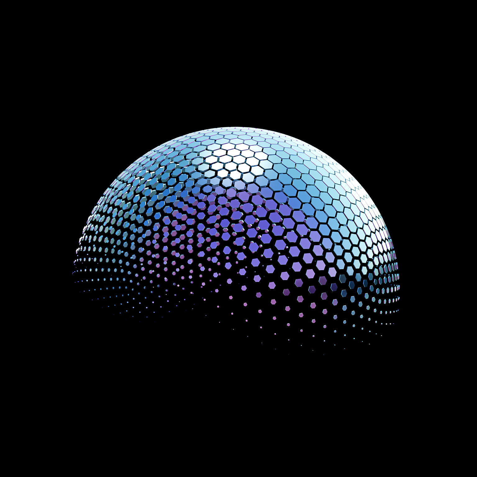 A simple and abstract image of a blue, iridescent sphere made up of hexagonal shapes against a black background.