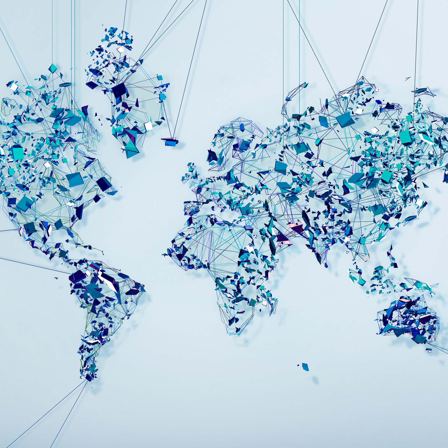 A world map made up of geometric shapes resembling shards of glass and thin lines connecting them. 