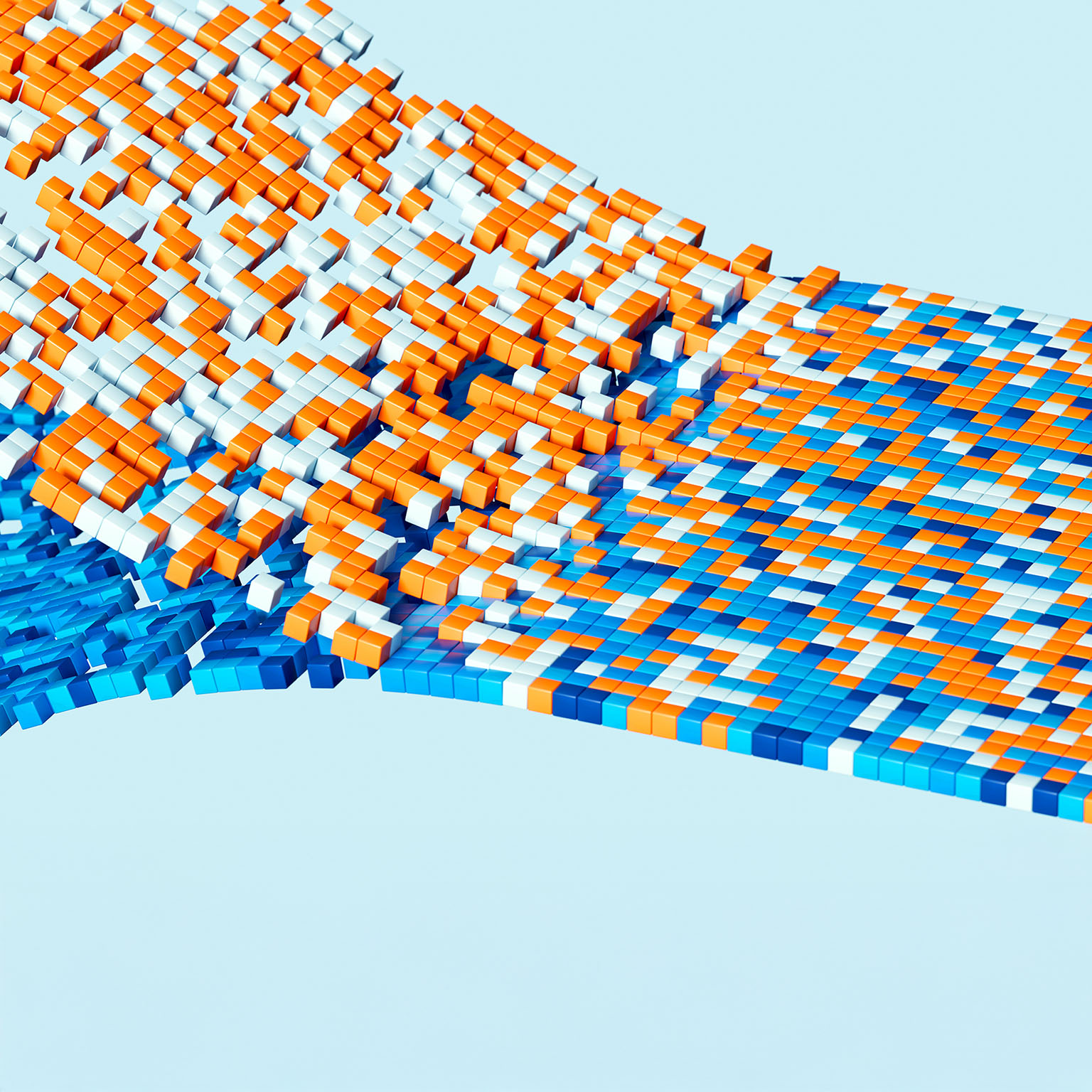 Two 3D dynamic waves of small, colorful cubes coming together to form a pattern