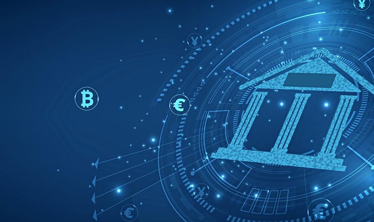 Isometric illustration of bank on dark blue technology background