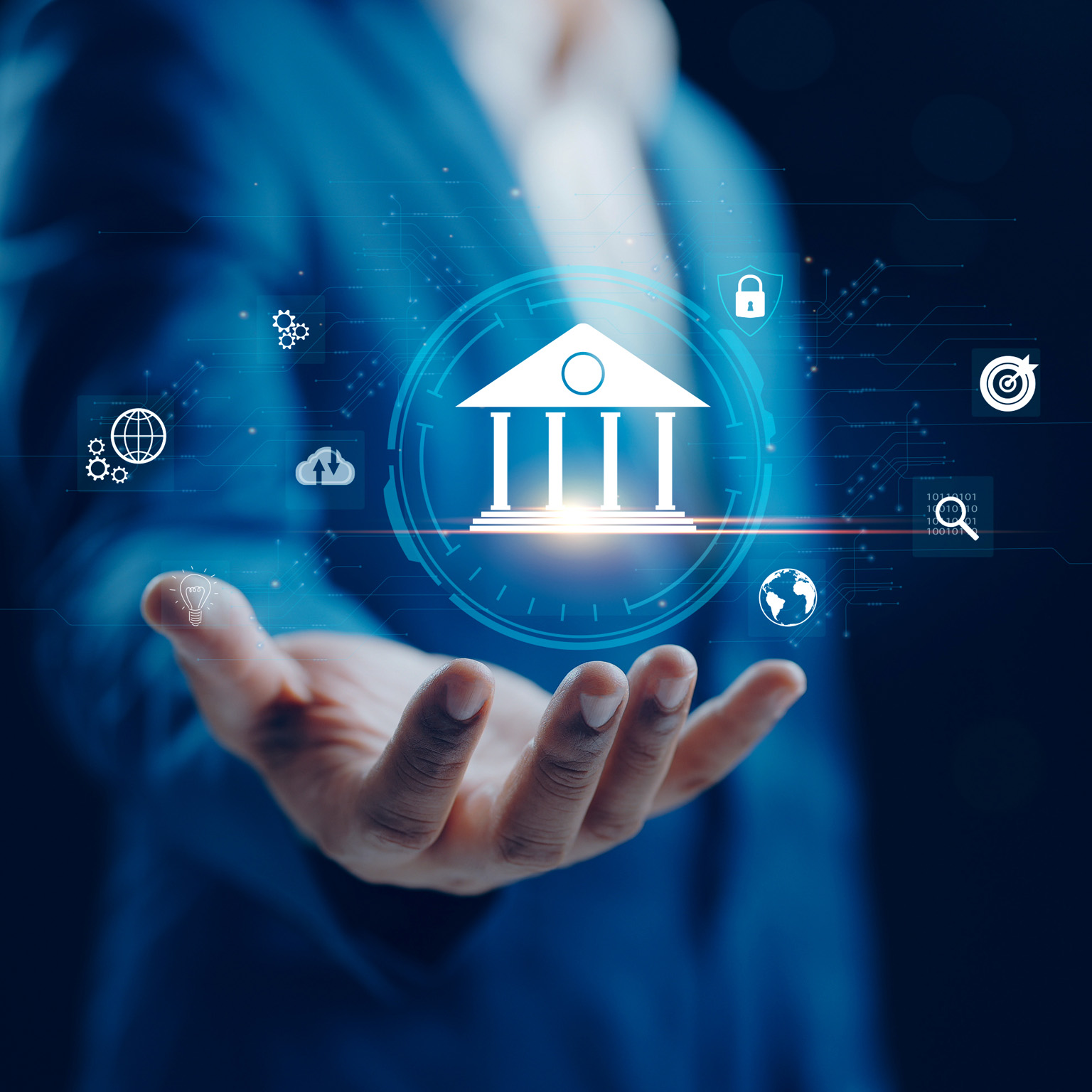 A businessperson holds out a hand beneath a digital bank icon surrounded by symbols for data, security, analytics, and connectivity, representing the interconnected digital systems used to create digital twins in banking.