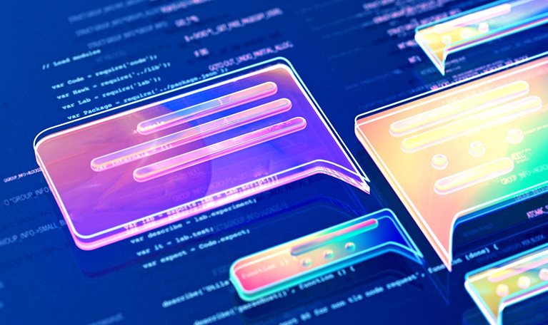 A digitally generated illustration that shows a computer screen with code and chat bubbles.